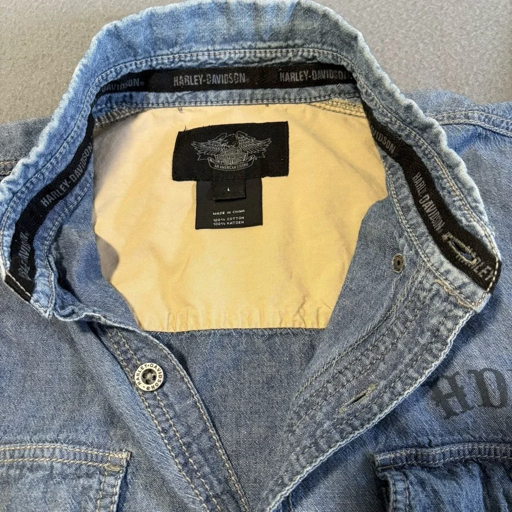Harley Davidson Denim Shirt Men M Blue Biker Graphic Print Skull Logo‎ Y2K